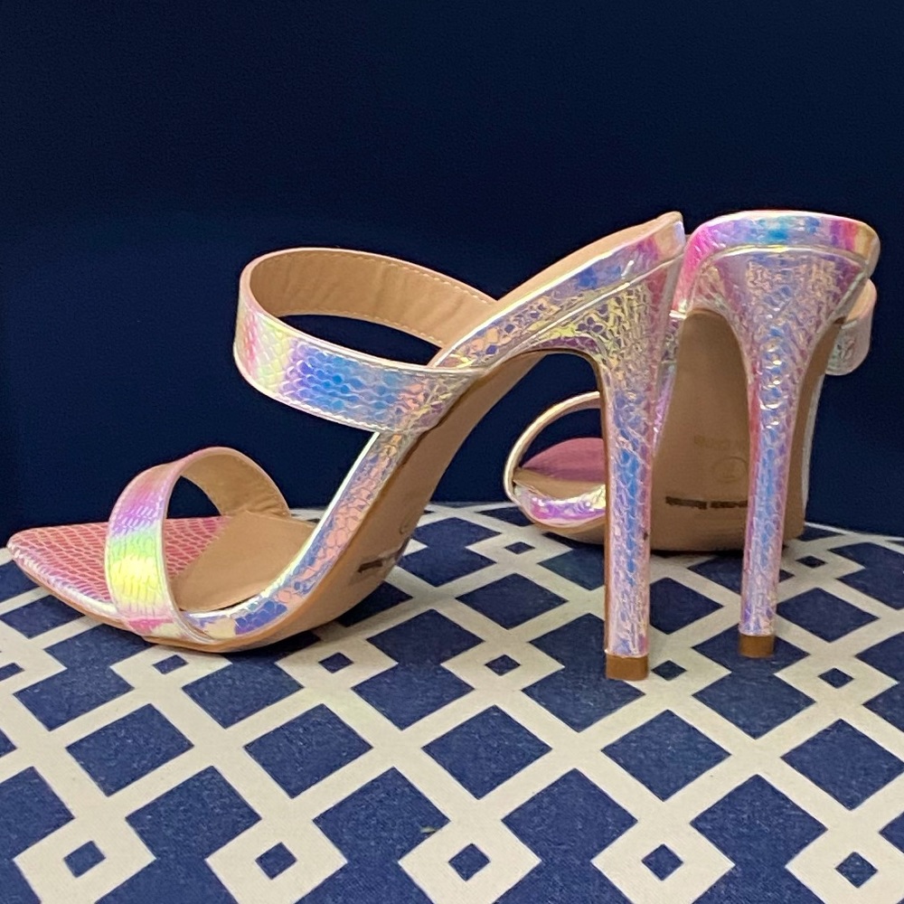 White pink iridescent mermaid two strap mule heels - Picture 3 of 5